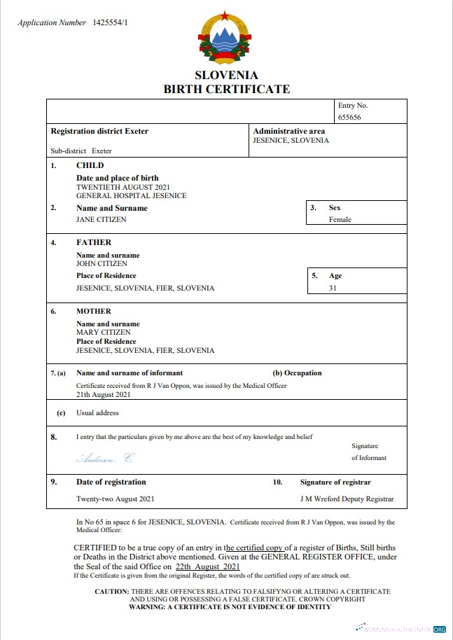 Профессиональный Скачать Словения Birth Certificate Word и PDF Шаблон Photoshop Шаблон