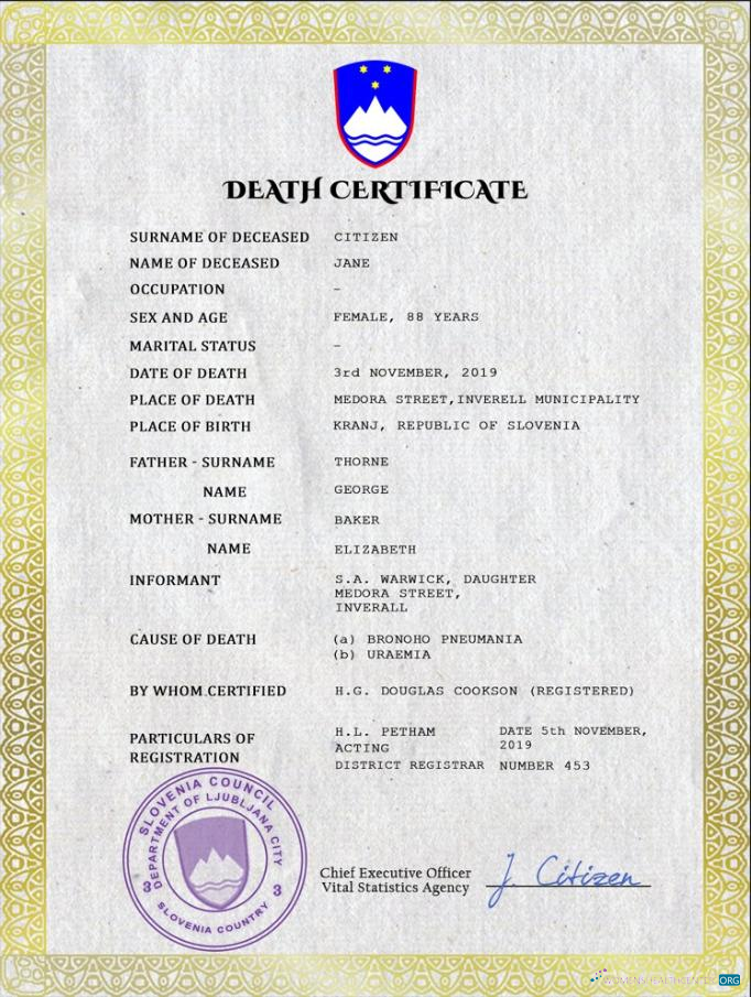 Профессиональный Скачать Словения Death Certificate PSD Шаблон Photoshop Шаблон