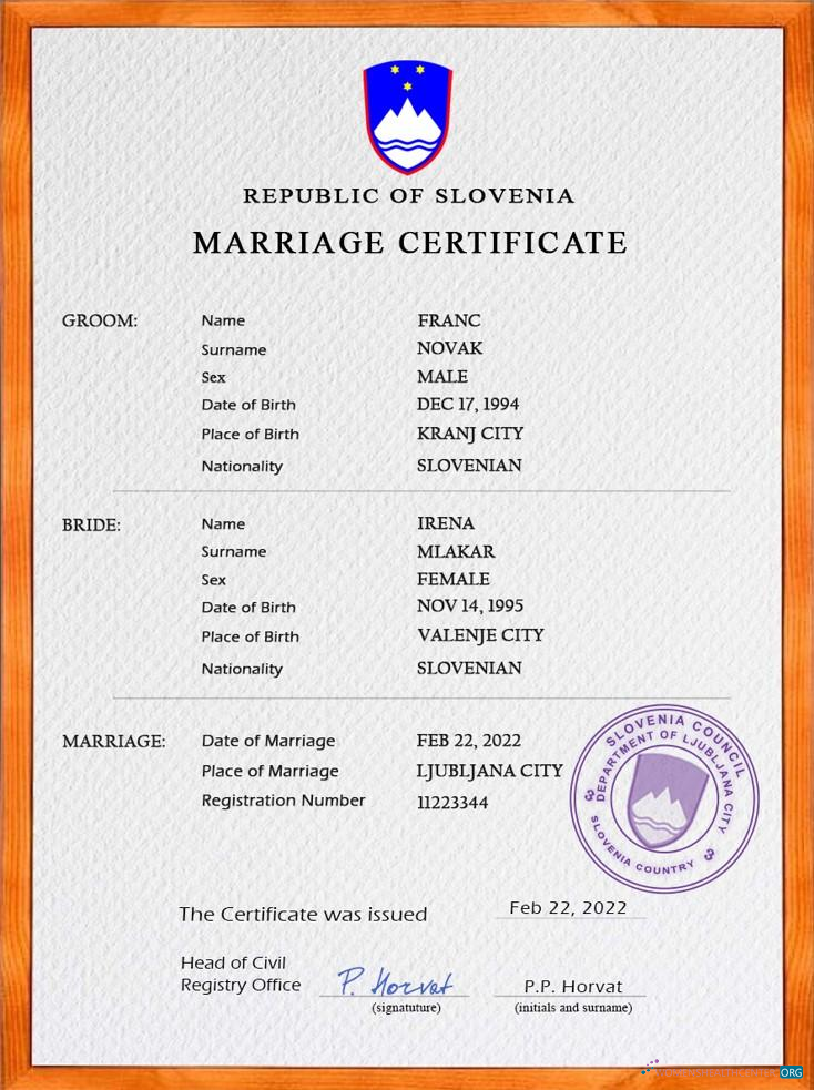 Редактируемый Скачать Словения Marriage Certificate PSD Шаблон Photoshop Шаблон