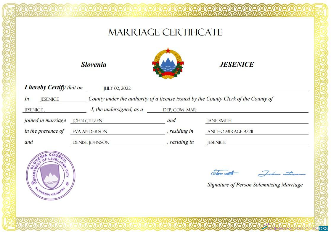 Профессиональный Скачать Словения Marriage Certificate Word и PDF Шаблон Photoshop Шаблон