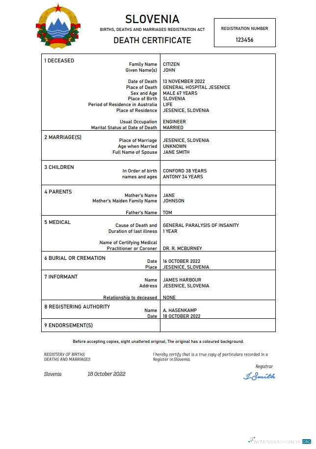 Качественный Скачать Словения Vital Record Death Certificate Word и PDF Шаблон Photoshop Шаблон
