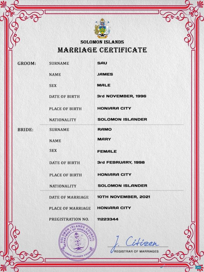 Профессиональный Скачать Соломоновы Острова Marriage Certificate PSD Шаблон Photoshop Шаблон