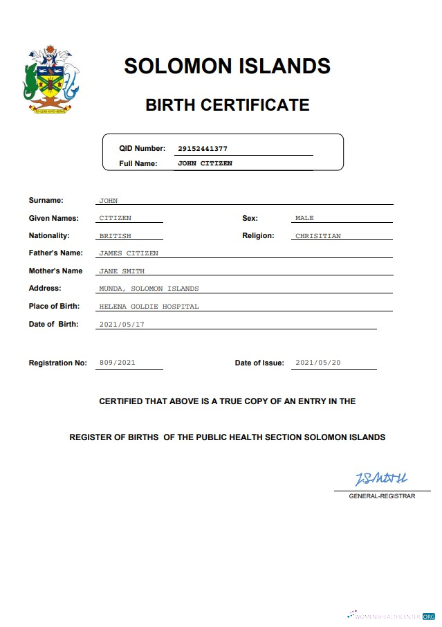 Редактируемый Скачать Соломоновы Острова Vital Record Birth Certificate Word и PDF Шаблон Photoshop Шаблон