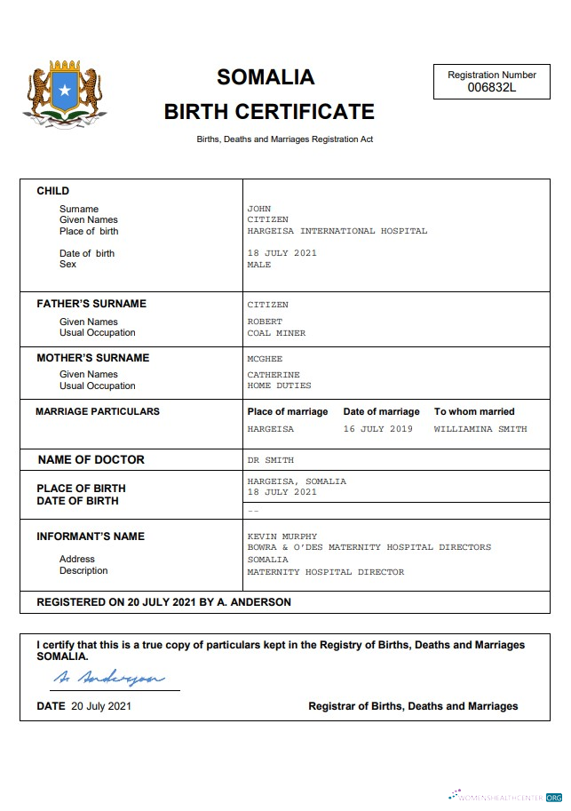 Редактируемый Скачать Сомали Birth Certificate Word и PDF Шаблон Photoshop Шаблон