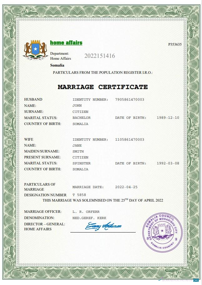 Профессиональный Скачать Сомали Marriage Certificate Word и PDF Шаблон Photoshop Шаблон