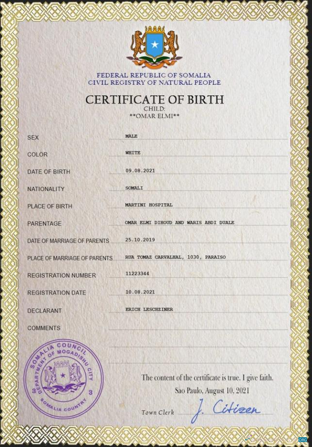 Качественный Скачать Сомали Vital Record Birth Certificate PSD Шаблон Photoshop Шаблон