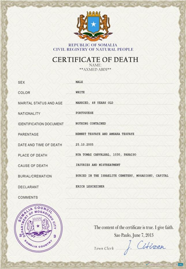 Качественный Скачать Сомали Vital Record Death Certificate PSD Шаблон Photoshop Шаблон
