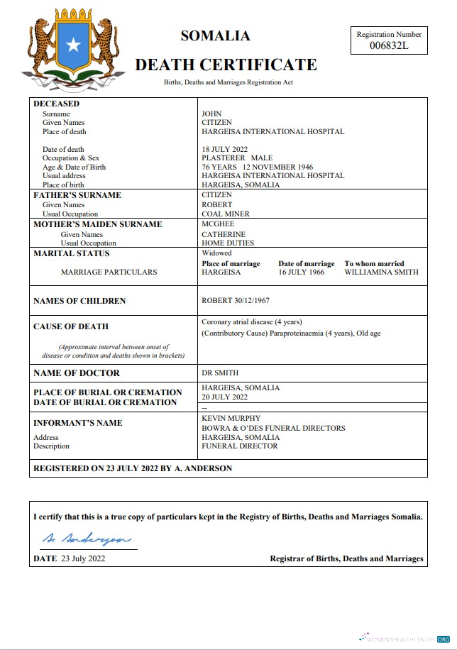 Премиум Скачать Сомали Vital Record Death Certificate Word и PDF Шаблон Photoshop Шаблон