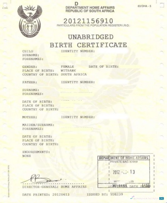 Реалистичный Скачать Южная Африка Департамент Home Affairs Birth Certificate Photoshop Шаблон