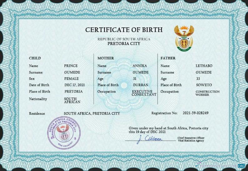 Качественный Скачать Южная Африка Birth Certificate PSD Шаблон Photoshop Шаблон