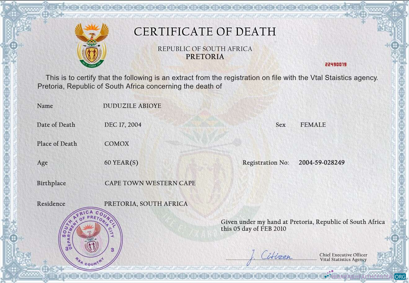 Редактируемый Скачать Южная Африка Death Certificate PSD Шаблон Photoshop Шаблон