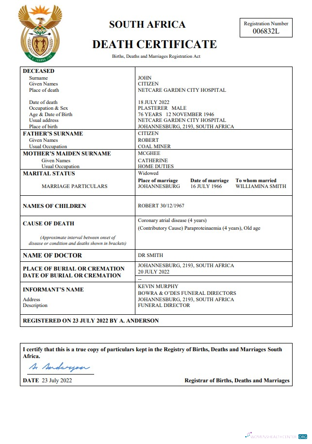 Качественный Скачать Южная Африка Death Certificate Word и PDF Шаблон Photoshop Шаблон