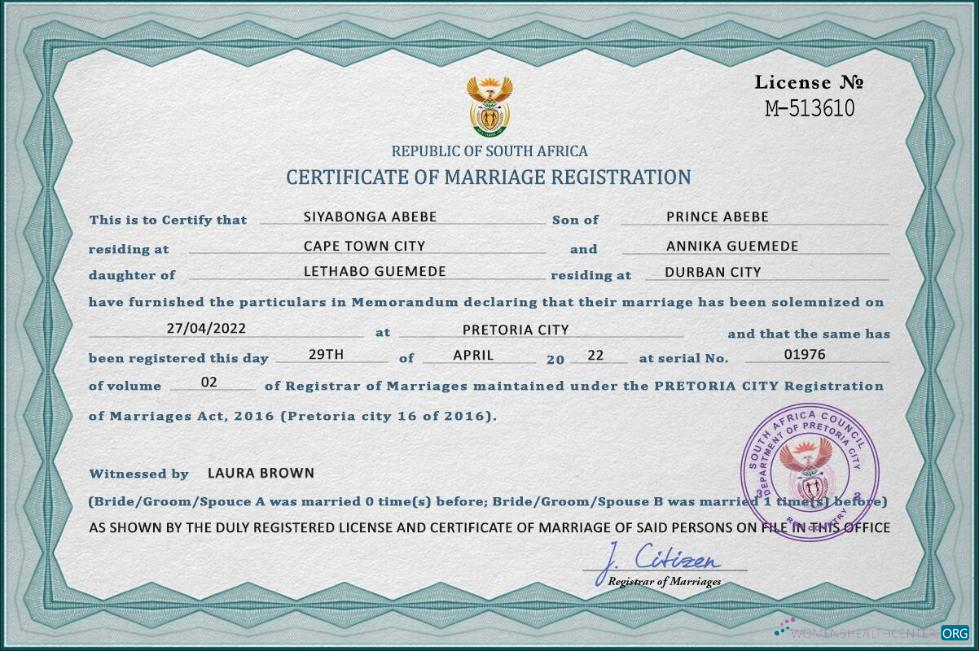 Реалистичный Скачать Южная Африка Marriage Certificate PSD Шаблон, Completely Editable Photoshop Шаблон