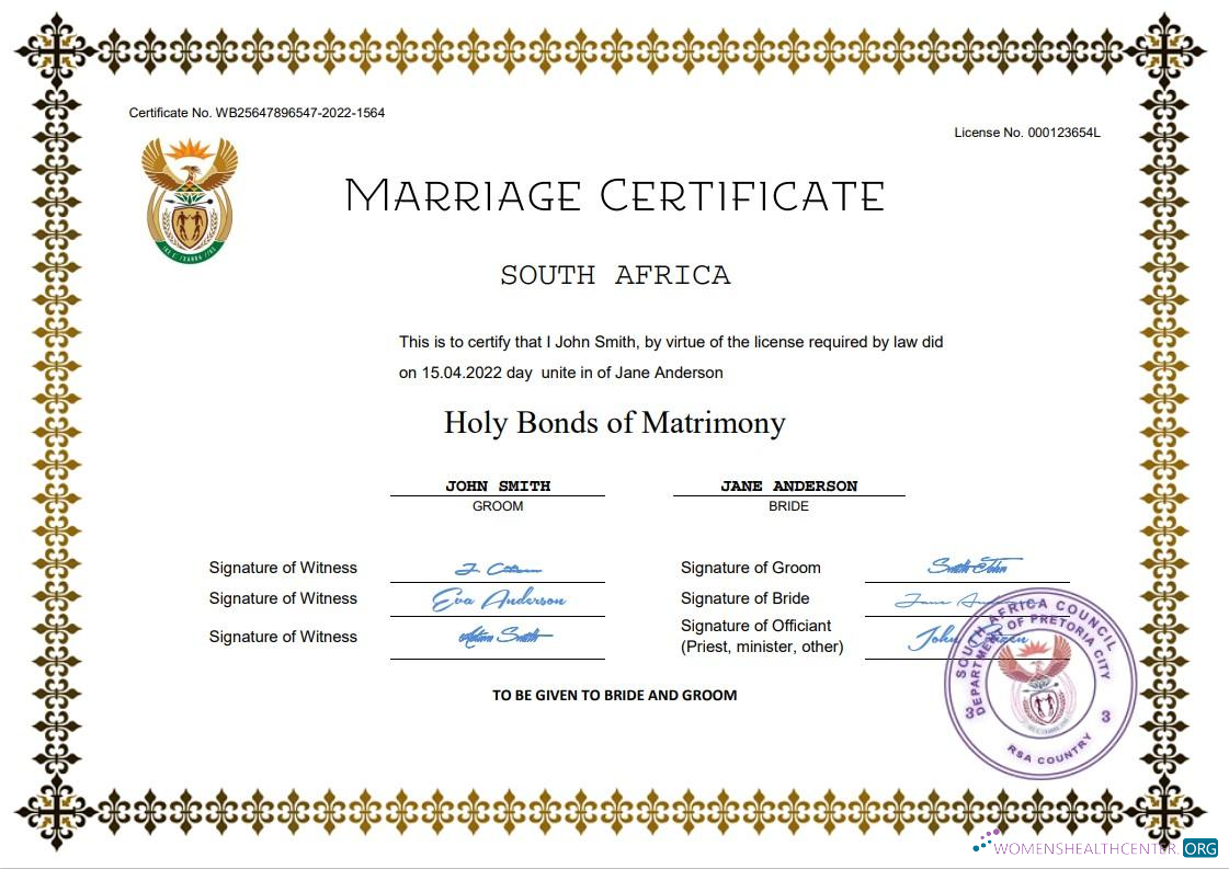 Профессиональный Скачать Южная Африка Marriage Certificate Word и PDF Шаблон Photoshop Шаблон