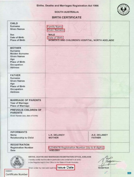 Профессиональный Скачать Южный Австралия Births и Deaths Registration Office Birth Certificate Photoshop Шаблон