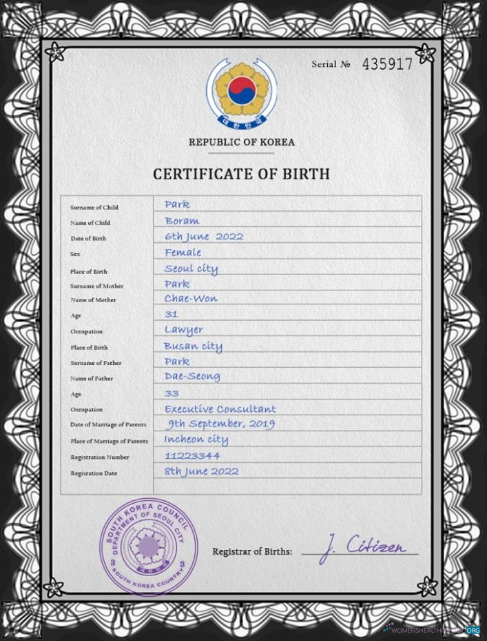Реалистичный Скачать Южная Корея Birth Certificate PSD Шаблон Photoshop Шаблон
