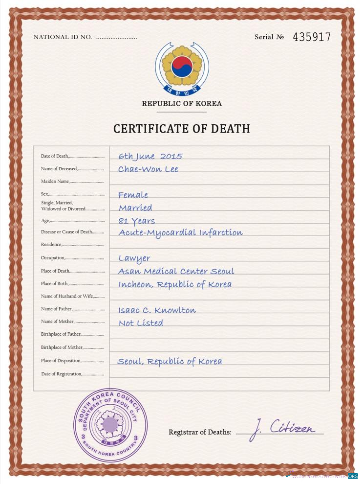 Профессиональный Скачать Южная Корея Vital Record Death Certificate PSD Шаблон Photoshop Шаблон