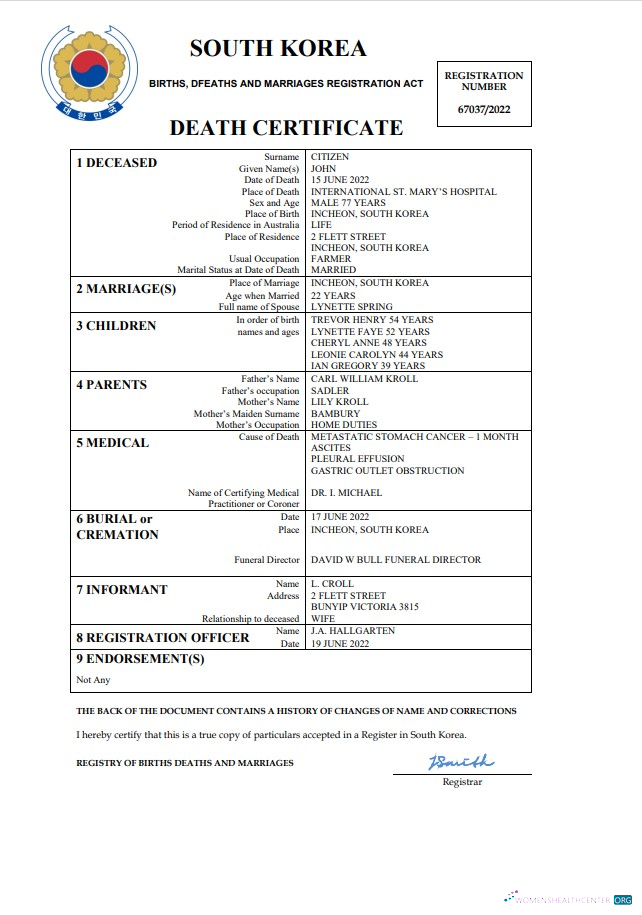 Реалистичный Скачать Южная Корея Vital Record Death Certificate Word и PDF Шаблон Photoshop Шаблон