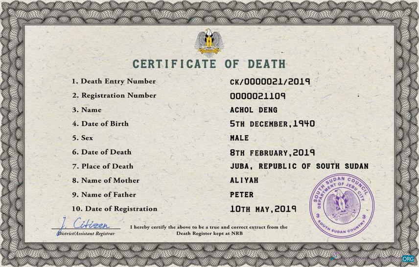 Премиум Скачать Южный Судан Death Certificate PSD Шаблон Photoshop Шаблон