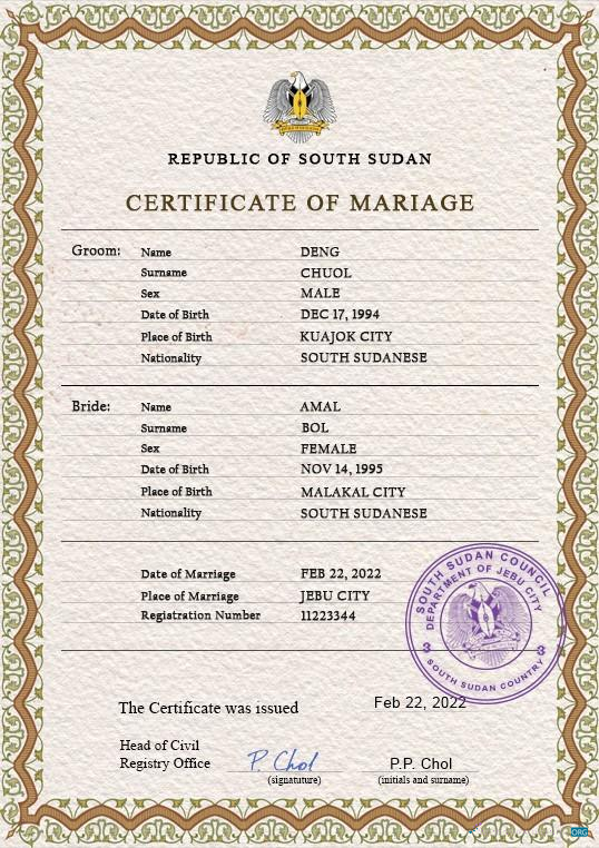 Профессиональный Скачать Южный Судан Marriage Certificate PSD Шаблон Photoshop Шаблон
