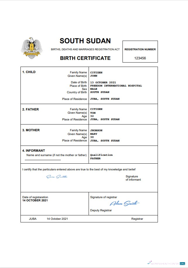 Качественный Скачать Южный Судан Vital Record Birth Certificate Word и PDF Шаблон Photoshop Шаблон