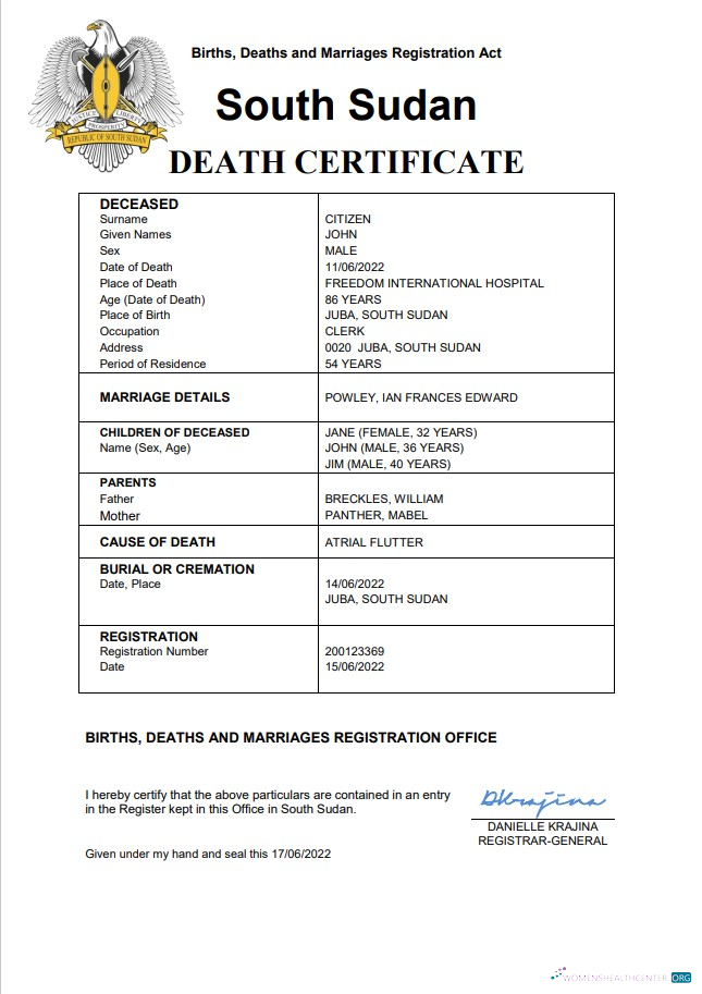 Реалистичный Скачать Южный Судан Vital Record Death Certificate Word и PDF Шаблон Photoshop Шаблон