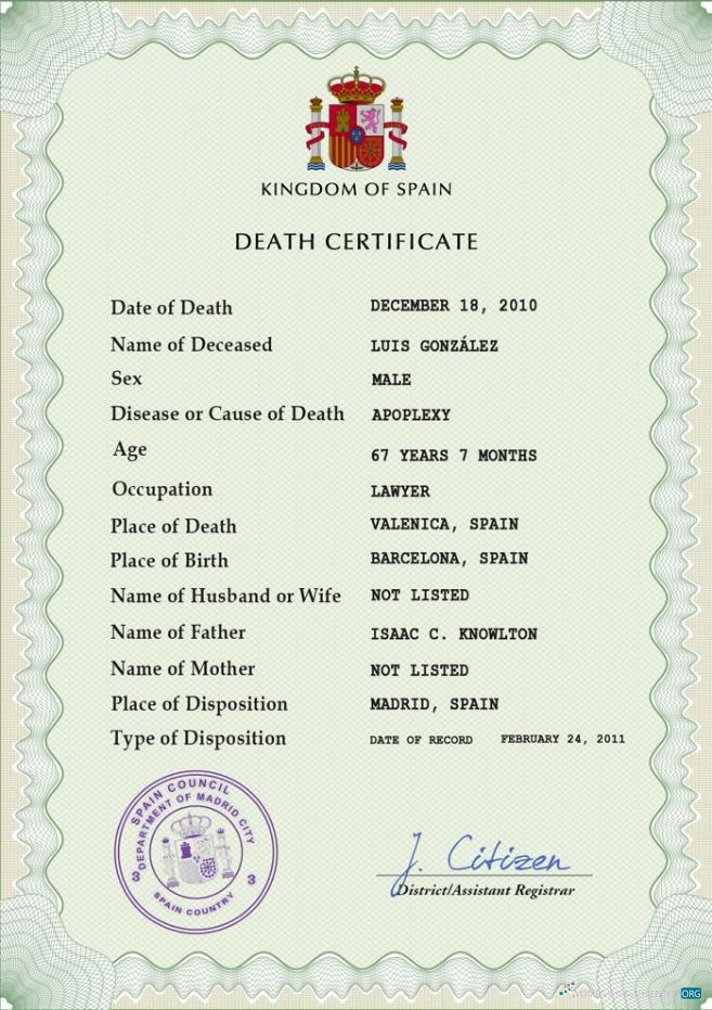 Редактируемый Скачать Испания Death Certificate PSD Шаблон Photoshop Шаблон