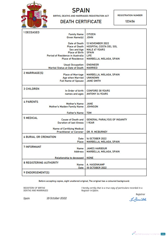 Профессиональный Скачать Испания Death Certificate Word и PDF Шаблон Photoshop Шаблон
