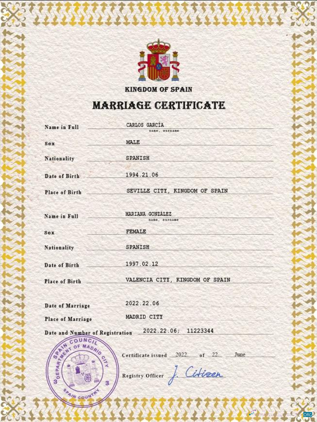 Профессиональный Скачать Испания Marriage Certificate PSD Шаблон Photoshop Шаблон