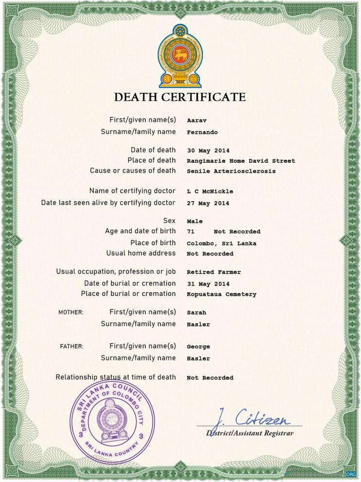 Качественный Скачать Шри-Ланка Vital Record Death Certificate PSD Шаблон Photoshop Шаблон
