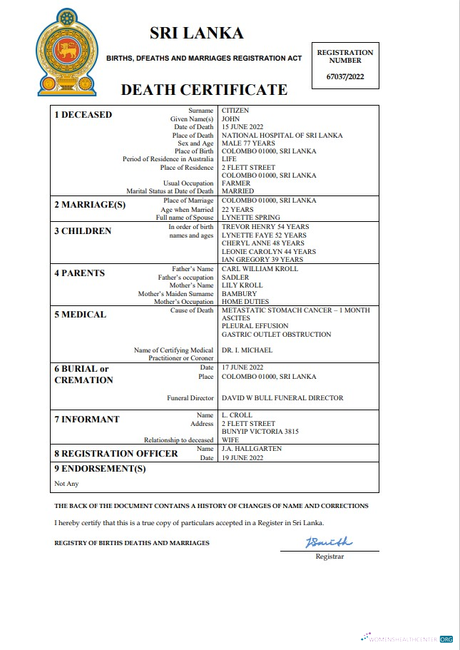Реалистичный Скачать Шри-Ланка Vital Record Death Certificate Word и PDF Шаблон Photoshop Шаблон
