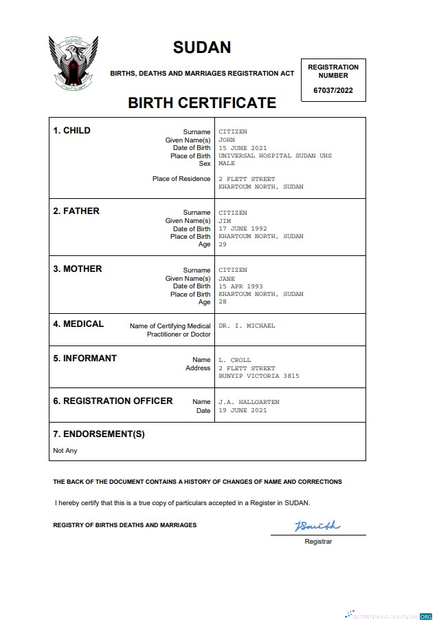 Качественный Скачать Судан Birth Certificate Word и PDF Шаблон Photoshop Шаблон