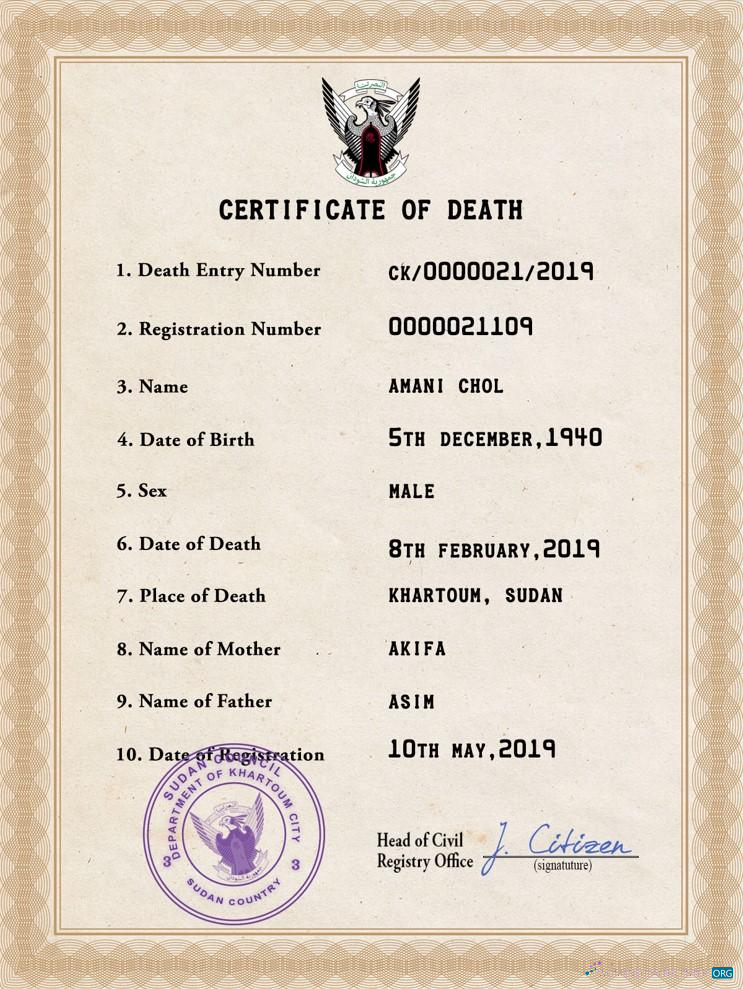 Профессиональный Скачать Судан Death Certificate PSD Шаблон Photoshop Шаблон