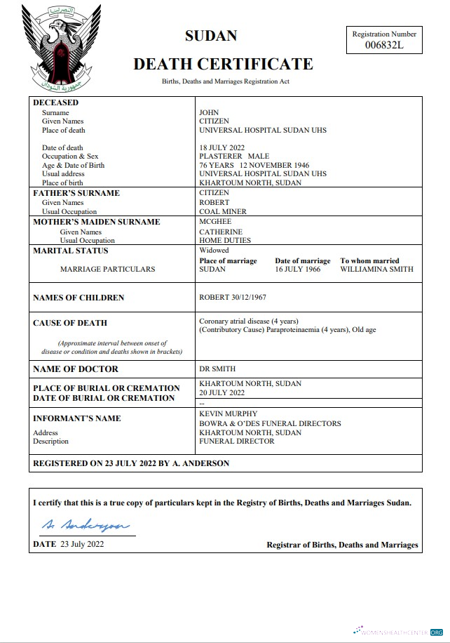 Премиум Скачать Судан Vital Record Death Certificate Word и PDF Шаблон Photoshop Шаблон