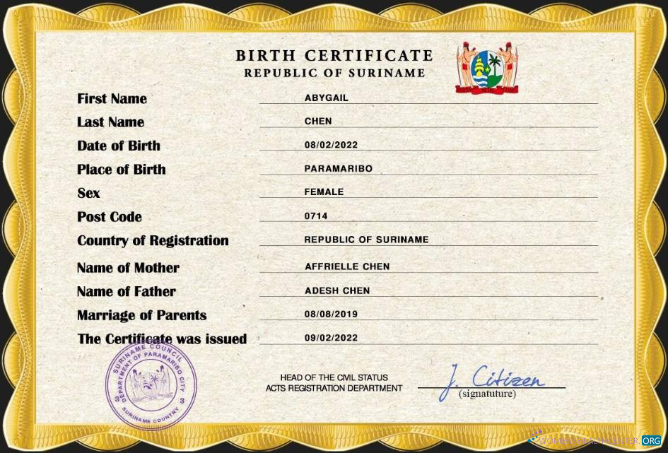 Редактируемый Скачать Суринам Birth Certificate PSD Шаблон Photoshop Шаблон
