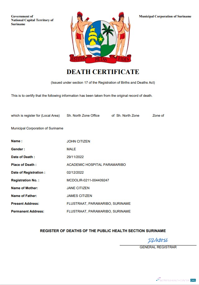 Реалистичный Скачать Суринам Death Certificate Word и PDF Шаблон Photoshop Шаблон