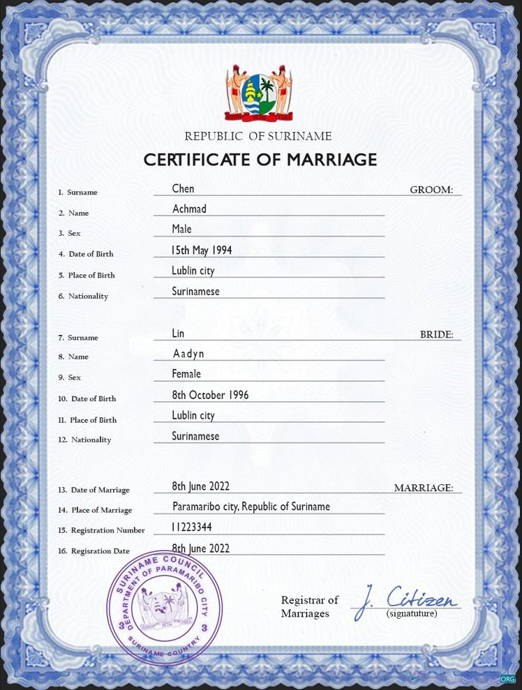 Редактируемый Скачать Суринам Marriage Certificate PSD Шаблон Photoshop Шаблон