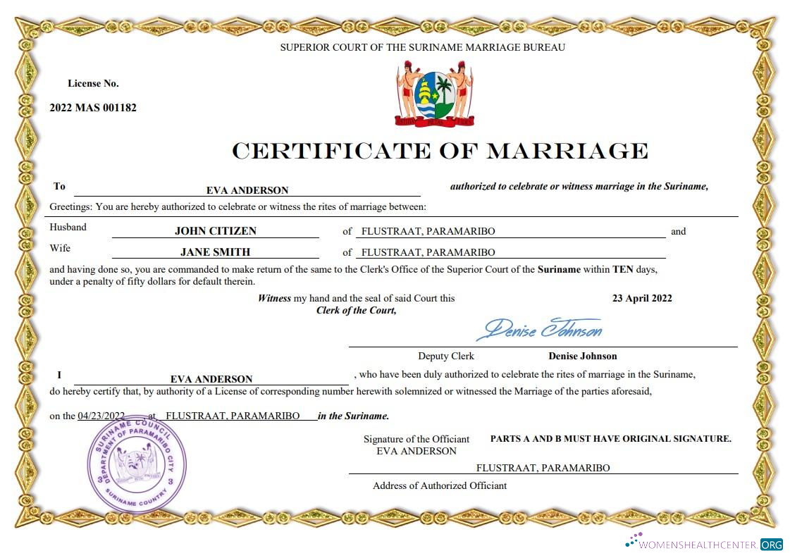 Реалистичный Скачать Суринам Marriage Certificate Word и PDF Шаблон Photoshop Шаблон