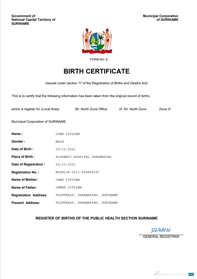 Редактируемый Скачать Суринам Vital Record Birth Certificate Word и PDF Шаблон Photoshop Шаблон