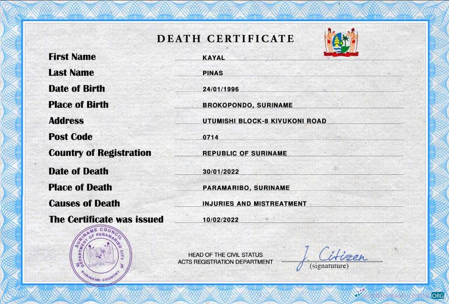 Реалистичный Скачать Суринам Vital Record Death Certificate PSD Шаблон Photoshop Шаблон