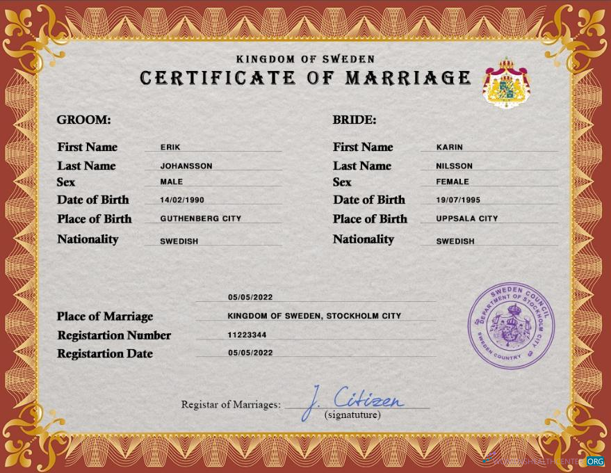 Премиум Скачать Швеция Marriage Certificate PSD Шаблон Photoshop Шаблон
