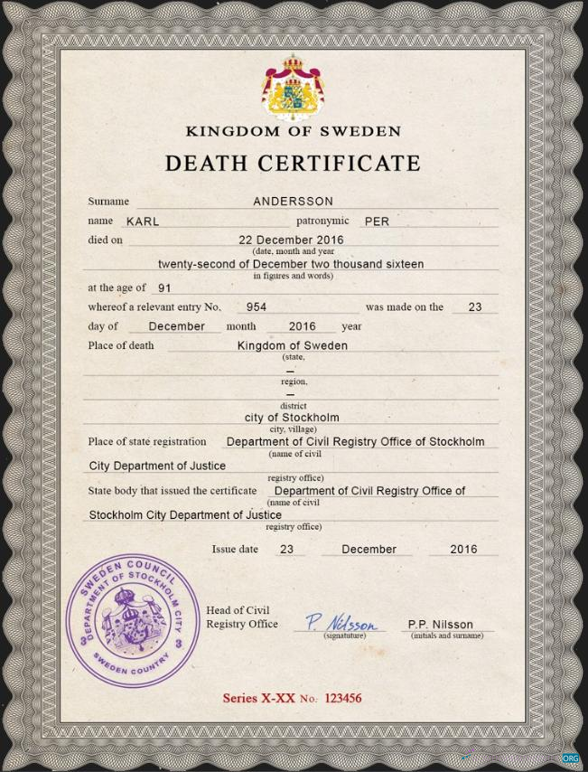 Премиум Скачать Швеция Vital Record Death Certificate PSD Шаблон Photoshop Шаблон