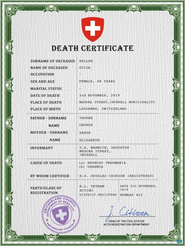 Премиум Скачать Швейцария Death Certificate PSD Шаблон Photoshop Шаблон