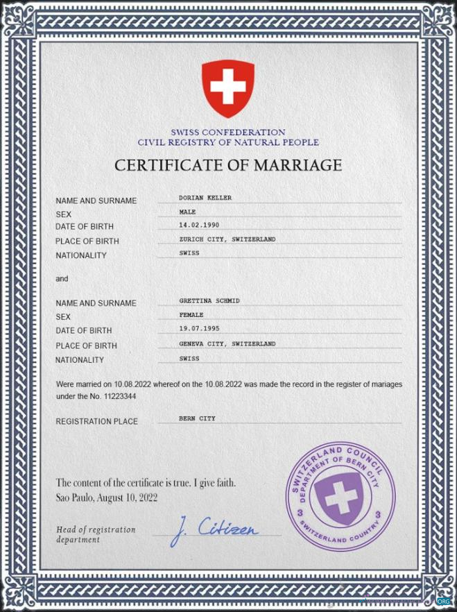 Качественный Скачать Швейцария Marriage Certificate PSD Шаблон Photoshop Шаблон