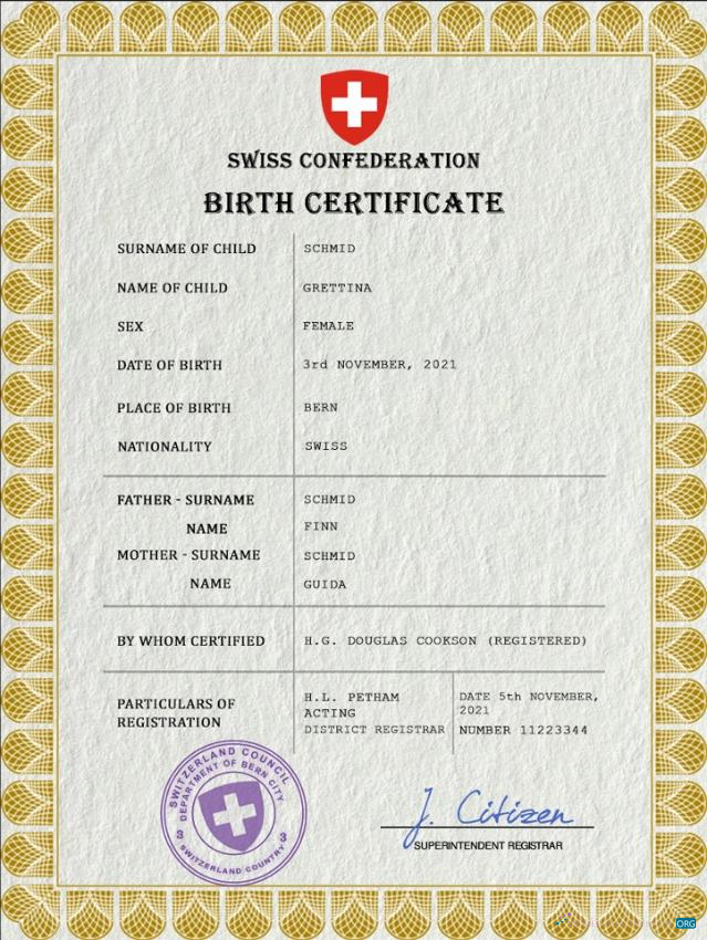Реалистичный Скачать Швейцария Vital Record Birth Certificate PSD Шаблон Photoshop Шаблон