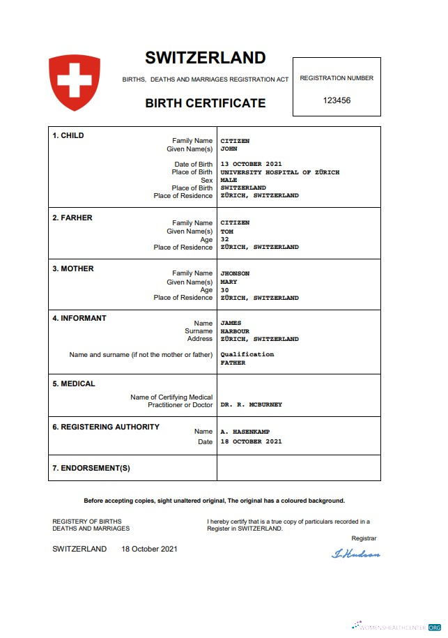 Реалистичный Скачать Швейцария Vital Record Birth Certificate Word и PDF Шаблон Photoshop Шаблон