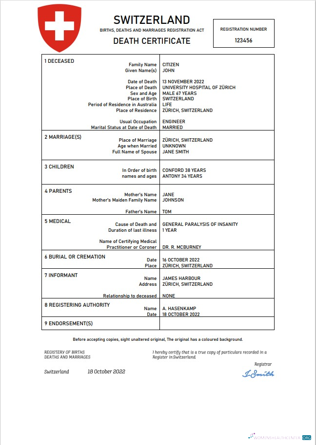 Профессиональный Скачать Швейцария Vital Record Death Certificate Word и PDF Шаблон Photoshop Шаблон