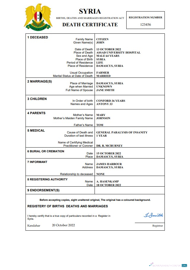 Качественный Скачать Сирия Vital Record Death Certificate Word и PDF Шаблон Photoshop Шаблон