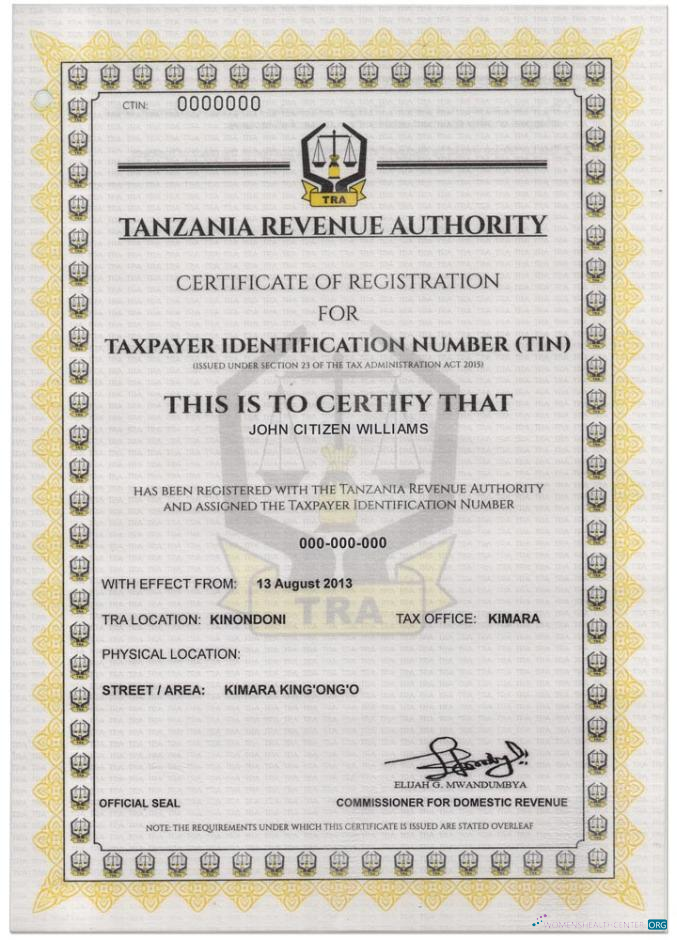 Качественный Скачать Танзания Taxpayer Identification Number (TIN) Registration Certificate Photoshop Шаблон