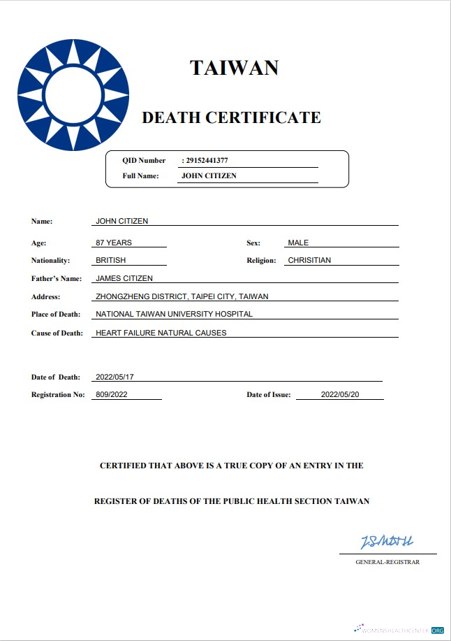 Премиум Скачать Тайвань Death Certificate Word и PDF Шаблон Photoshop Шаблон